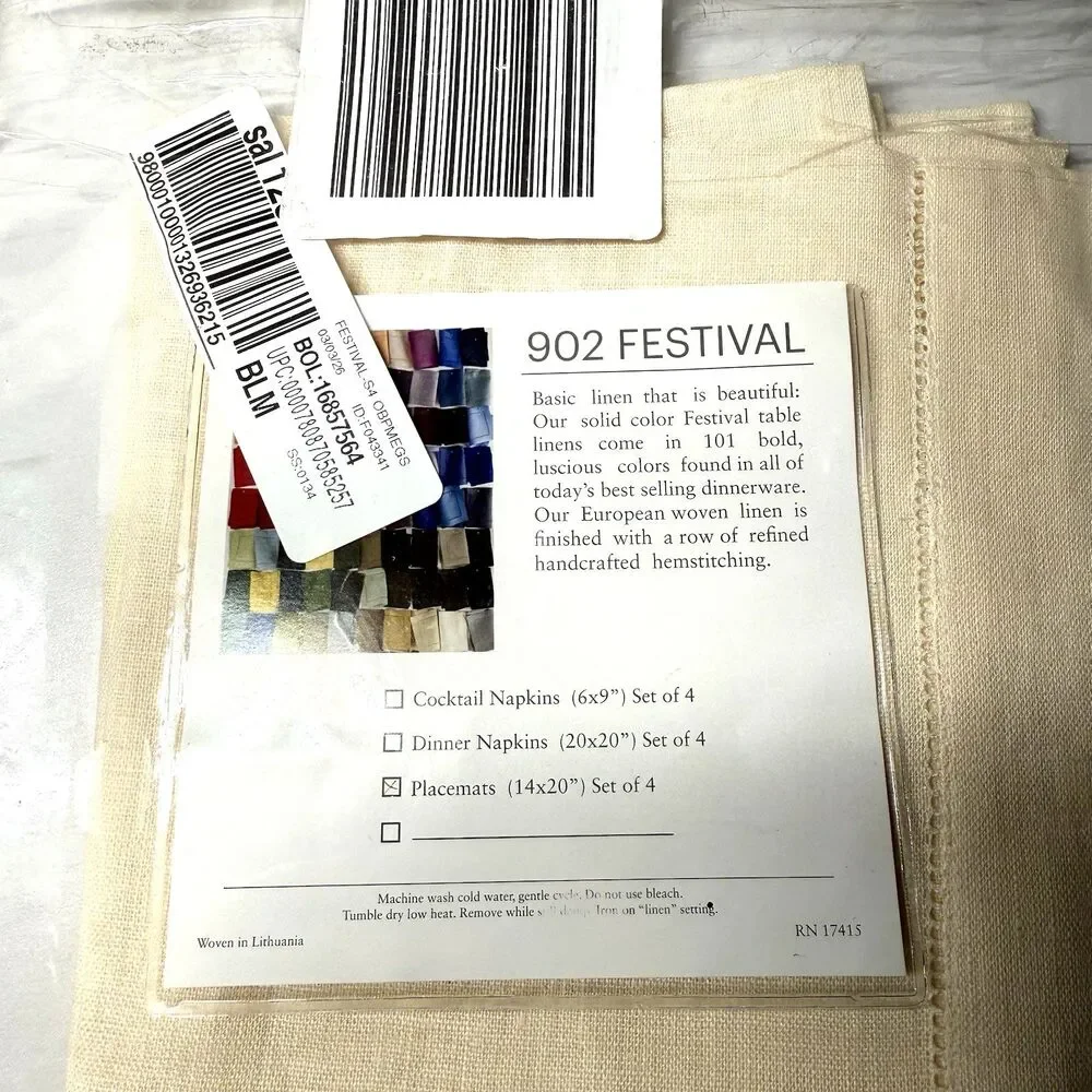 Sferra Festival Placemats Set of 4 14x20 Eggshell 100% Linen Hemstitch